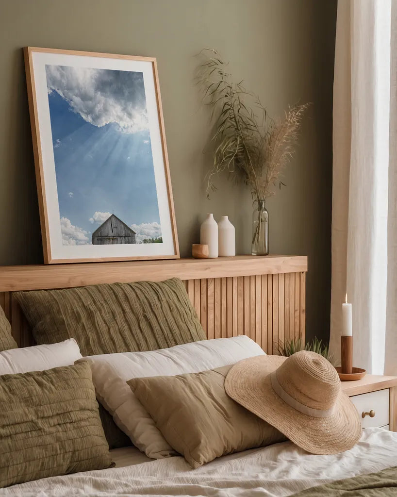 Barn Rays by Nathan Larson. shown as a paper print in a natural frame. Available as a archival giclee rolled canvas, fine art paper, or poster print. SKU 80449h.