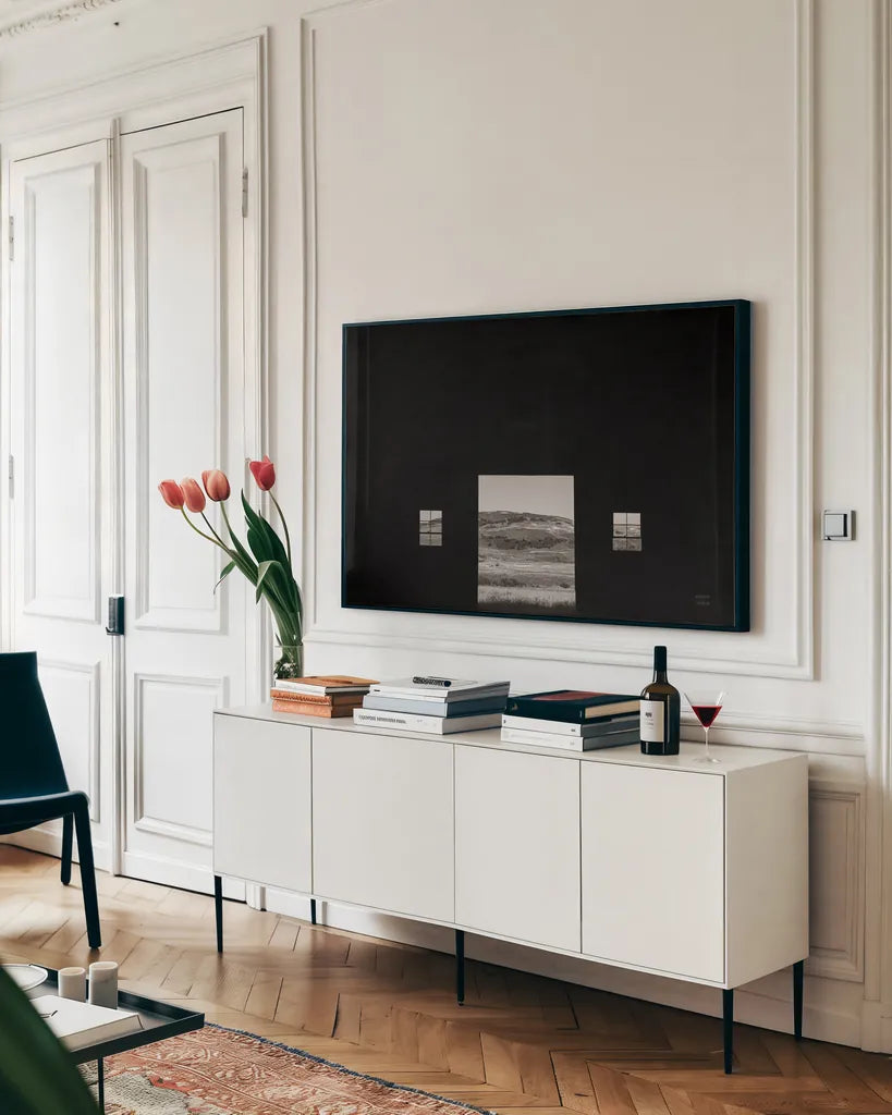 Basque Ranch by Nathan Larson. shown as a framed stretched canvas in a living room above a console. Available as a archival giclee rolled canvas, fine art paper, or poster print. SKU 88238i.