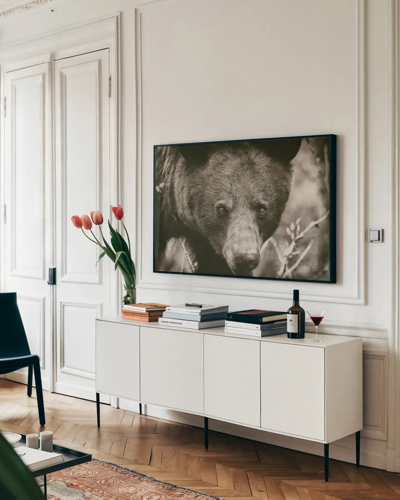 Bear Portrait Sepia by Nathan Larson. shown as a framed stretched canvas in a living room above a console. Available as a archival giclee rolled canvas, fine art paper, or poster print. SKU 80447i.