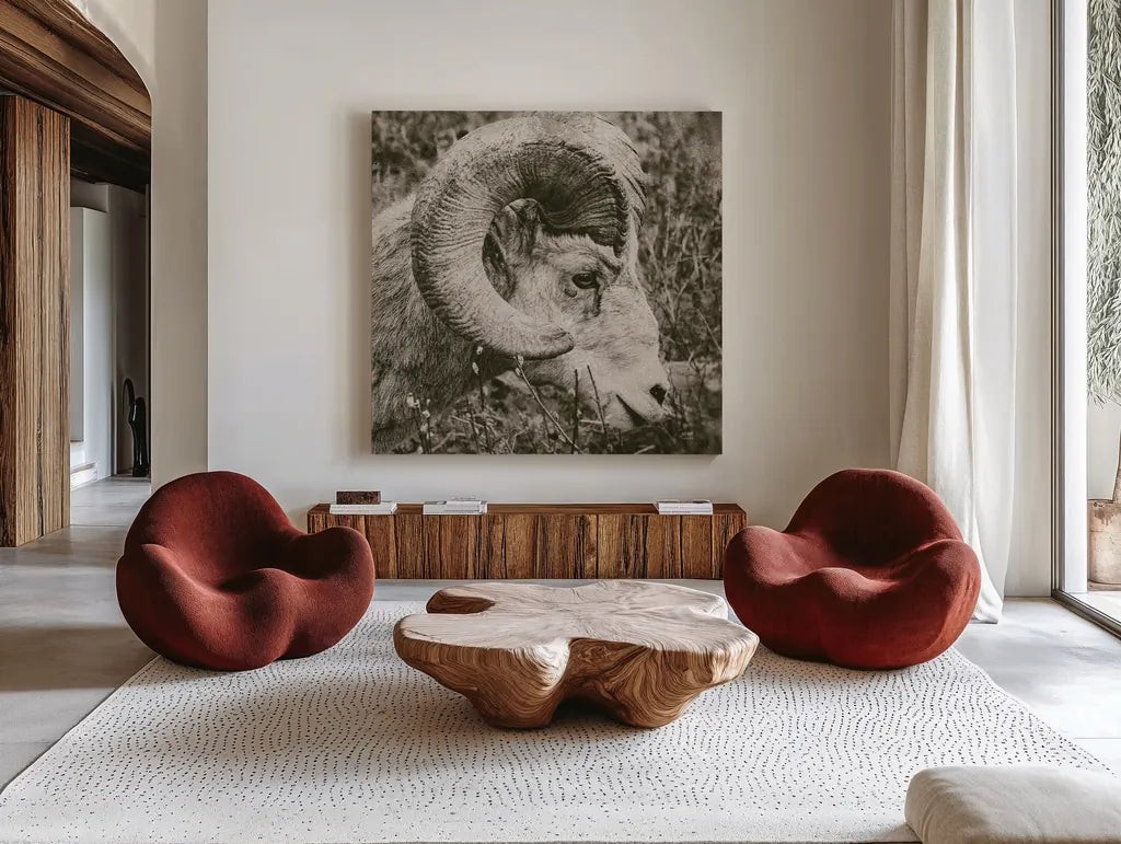 Big Horn by Nathan Larson. Shown as extra-large giant wall art in a modern living room. Available as an archival giclee rolled canvas, fine art paper, or poster print. SKU 84246a.