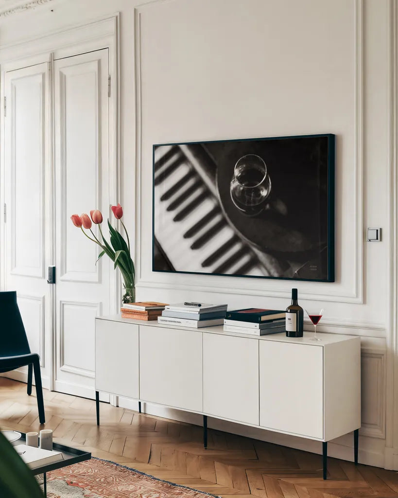 Black and White by Nathan Larson. shown as a framed stretched canvas in a living room above a console. Available as a archival giclee rolled canvas, fine art paper, or poster print. SKU 77343i.