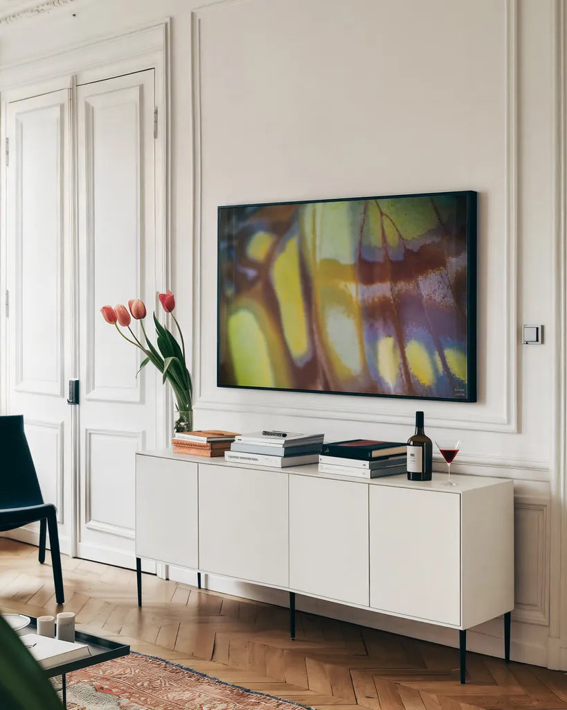 Butterly Effect XII by Nathan Larson. shown as a framed stretched canvas in a living room above a console. Available as a archival giclee rolled canvas, fine art paper, or poster print. SKU 96860i.