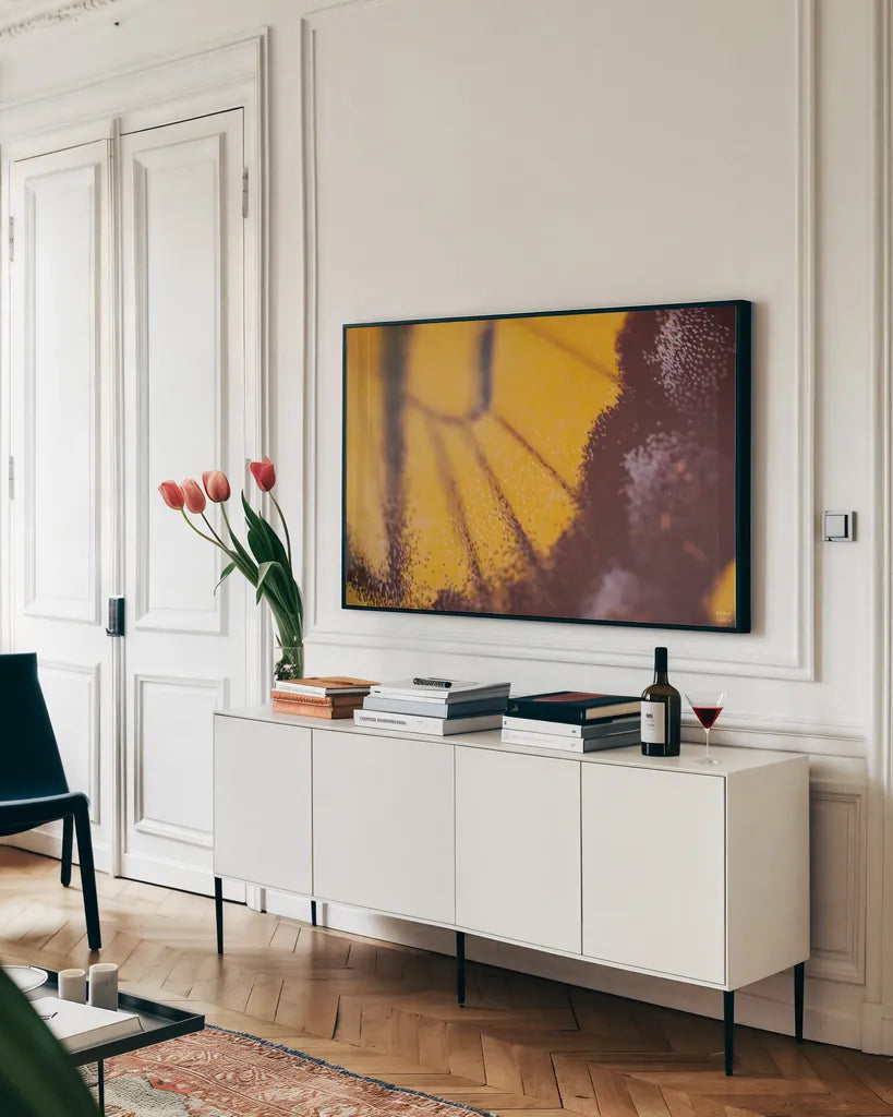 Butterly Effect XXIII by Nathan Larson. shown as a framed stretched canvas in a living room above a console. Available as a archival giclee rolled canvas, fine art paper, or poster print. SKU 96862i.