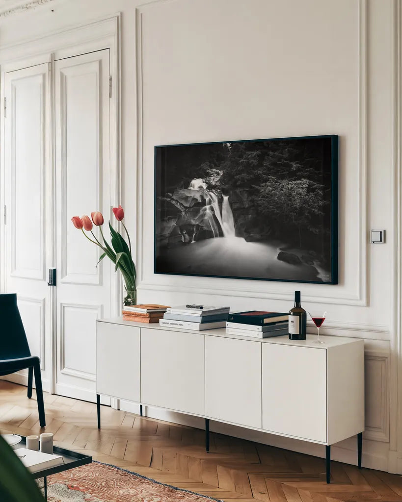 Carving by Nathan Larson. shown as a framed stretched canvas in a living room above a console. Available as a archival giclee rolled canvas, fine art paper, or poster print. SKU 88863i.