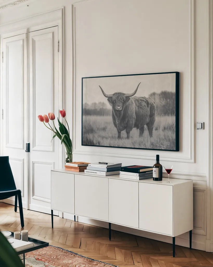 Center of Attention BW by Nathan Larson. shown as a framed stretched canvas in a living room above a console. Available as a archival giclee rolled canvas, fine art paper, or poster print. SKU 96199i.
