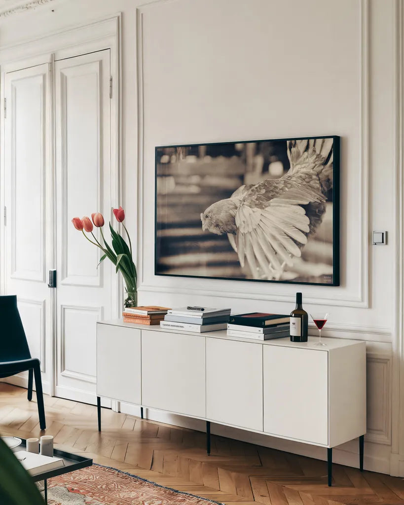 Chicken Barn II by Nathan Larson. shown as a framed stretched canvas in a living room above a console. Available as a archival giclee rolled canvas, fine art paper, or poster print. SKU 97956i.