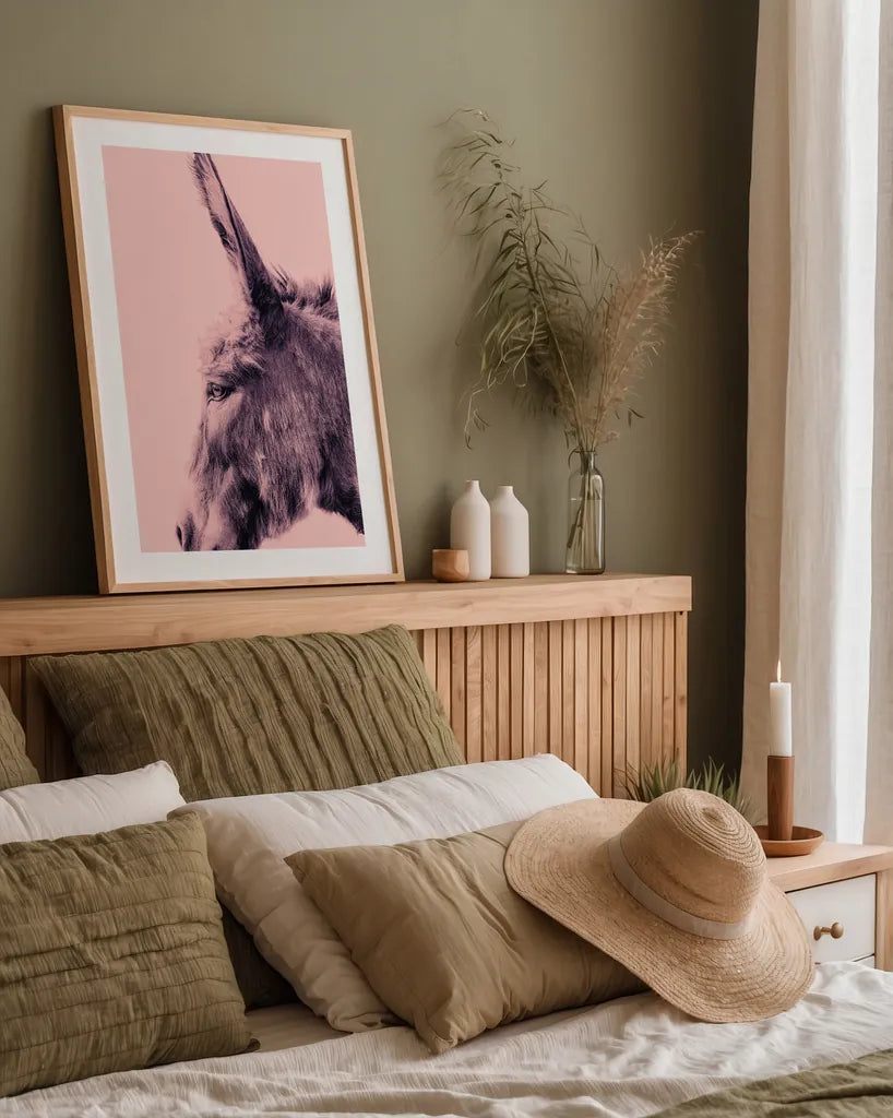 Donkey Portrait by Nathan Larson. shown as a paper print in a natural frame. Available as a archival giclee rolled canvas, fine art paper, or poster print. SKU 99961h.
