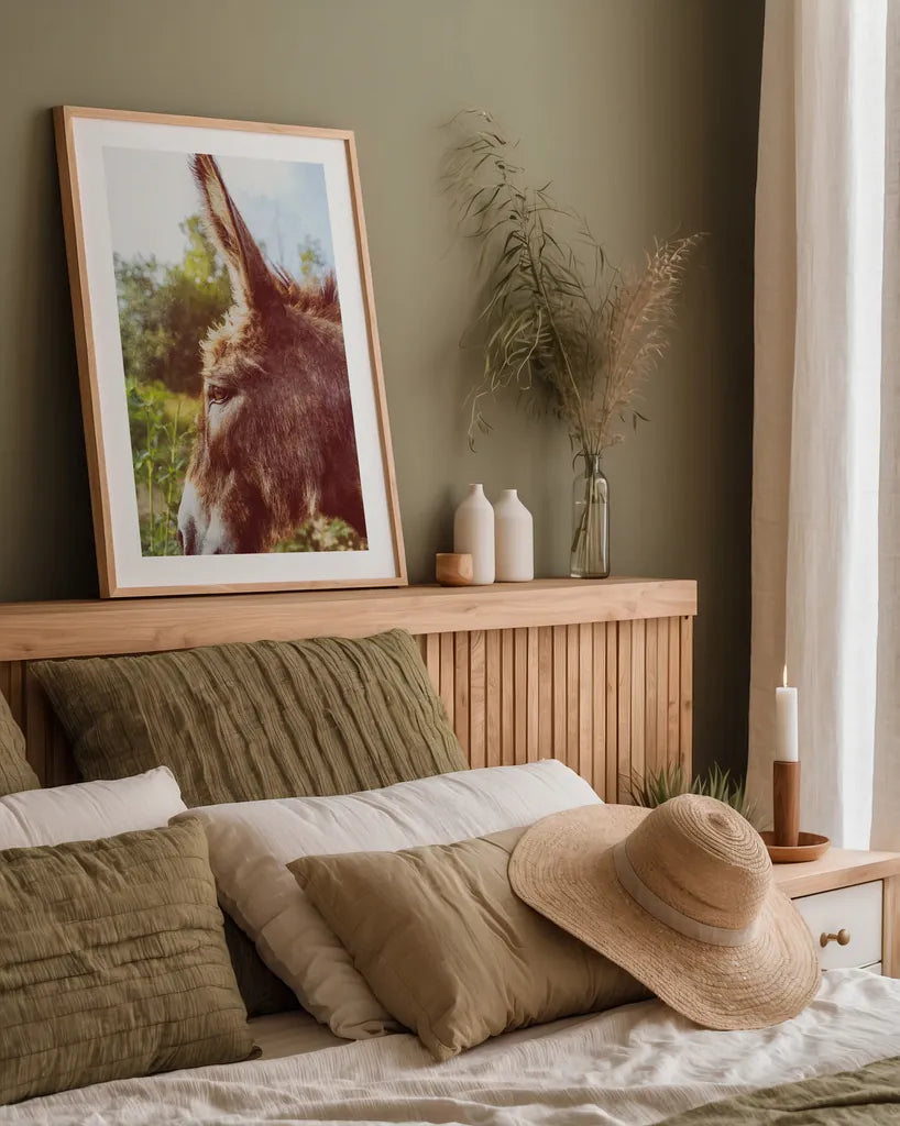 Donkey Profile by Nathan Larson. shown as a paper print in a natural frame. Available as a archival giclee rolled canvas, fine art paper, or poster print. SKU 99959h.