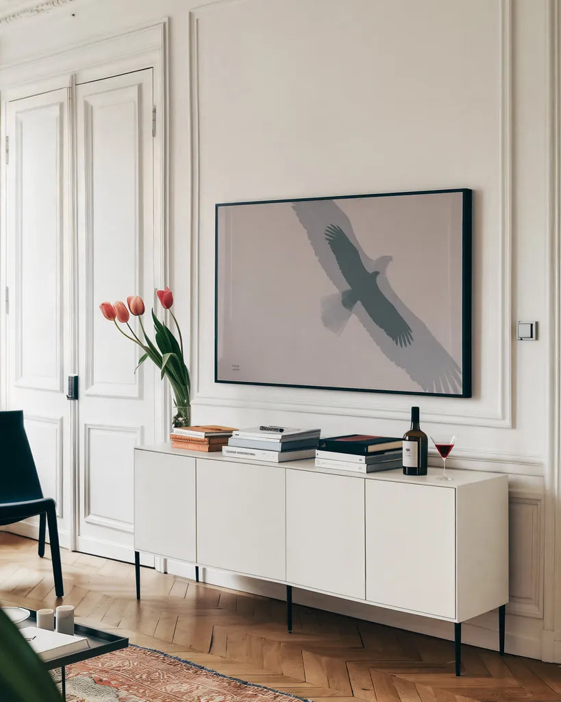 Double Eagle Flight by Nathan Larson. shown as a framed stretched canvas in a living room above a console. Available as a archival giclee rolled canvas, fine art paper, or poster print. SKU 78767i.