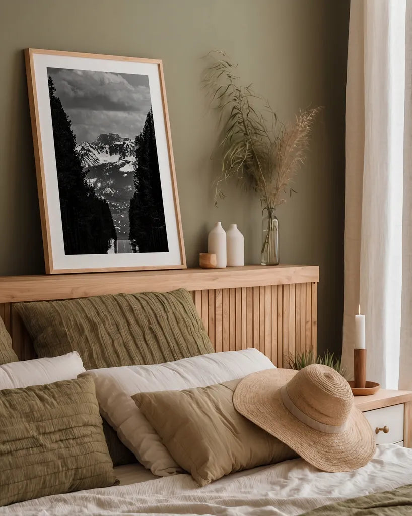 Driving into the Tetons by Nathan Larson. shown as a paper print in a natural frame. Available as a archival giclee rolled canvas, fine art paper, or poster print. SKU 92539h.