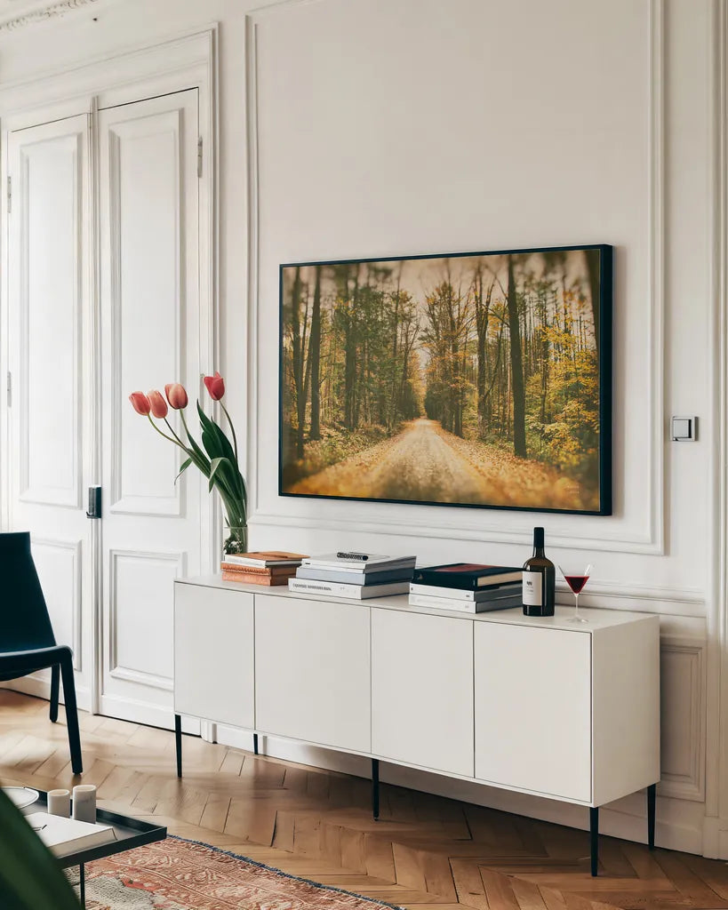Faded Road by Nathan Larson. shown as a framed stretched canvas in a living room above a console. Available as a archival giclee rolled canvas, fine art paper, or poster print. SKU 93987i.