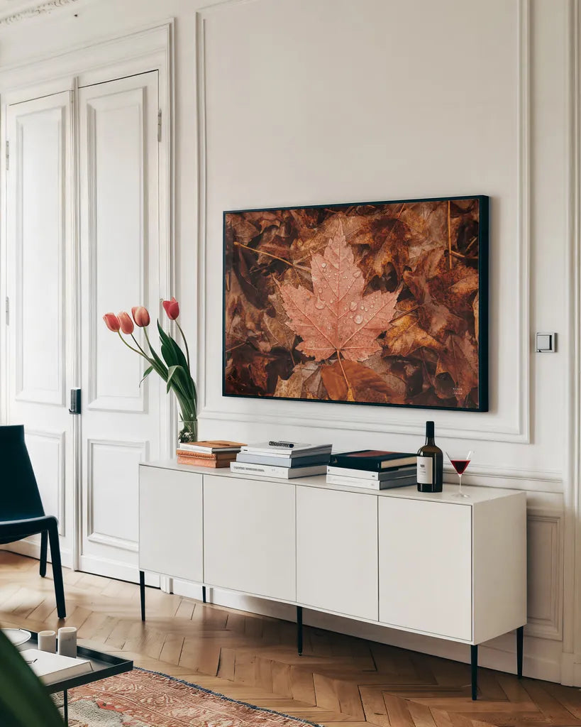 Fall Rains I by Nathan Larson. shown as a framed stretched canvas in a living room above a console. Available as a archival giclee rolled canvas, fine art paper, or poster print. SKU 82630i.