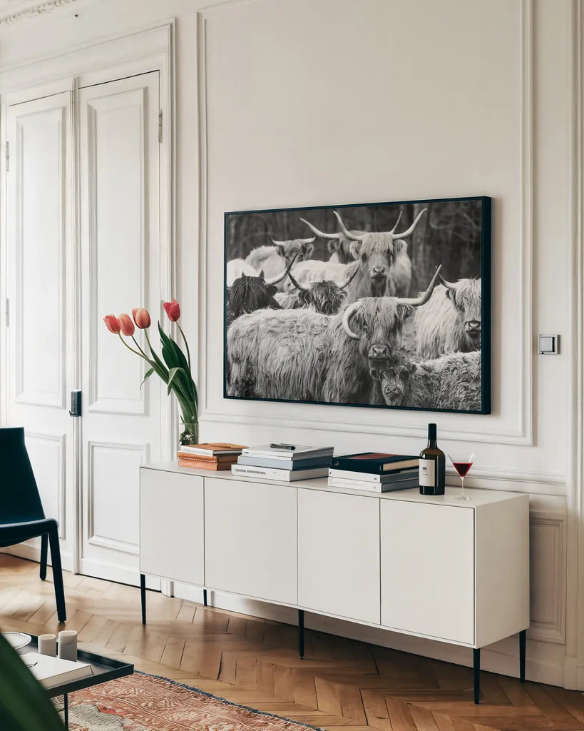 Family Portrait BW by Nathan Larson. shown as a framed stretched canvas in a living room above a console. Available as a archival giclee rolled canvas, fine art paper, or poster print. SKU 96203i.