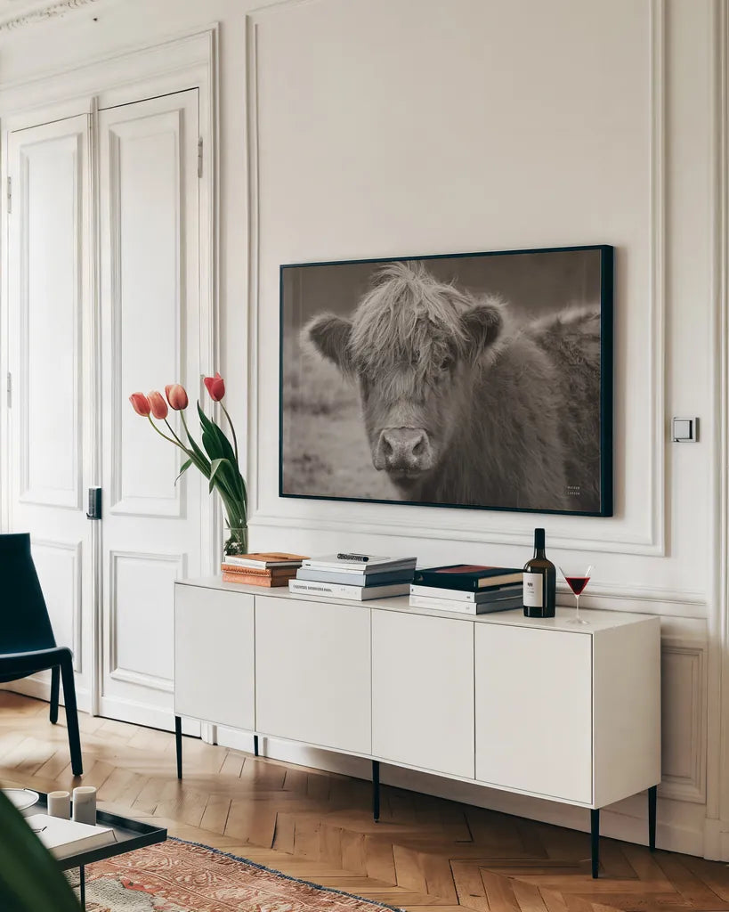 Highland Cow Do Neutral by Nathan Larson. shown as a framed stretched canvas in a living room above a console. Available as a archival giclee rolled canvas, fine art paper, or poster print. SKU 79336i.