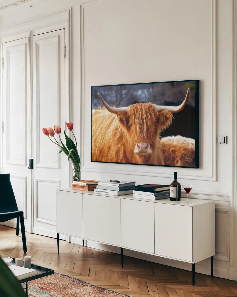 Highland Cow Sunshine by Nathan Larson. shown as a framed stretched canvas in a living room above a console. Available as a archival giclee rolled canvas, fine art paper, or poster print. SKU 83982i.