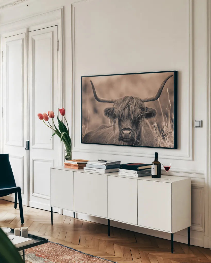 Highland Meadow Portrait Sepia by Nathan Larson. shown as a framed stretched canvas in a living room above a console. Available as a archival giclee rolled canvas, fine art paper, or poster print. SKU 100484i.