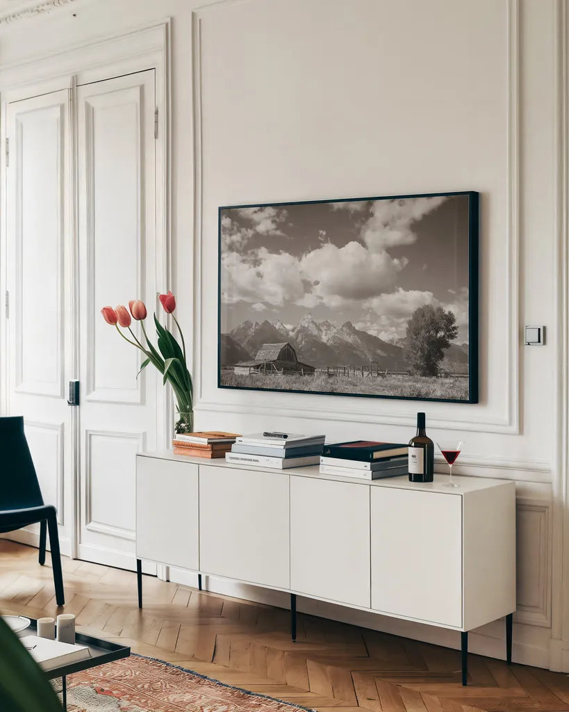 Historic Row by Nathan Larson. shown as a framed stretched canvas in a living room above a console. Available as a archival giclee rolled canvas, fine art paper, or poster print. SKU 87944i.