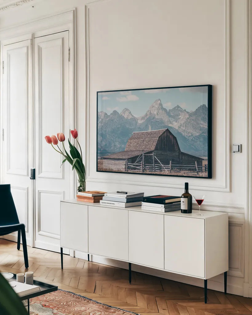 Historic Row II by Nathan Larson. shown as a framed stretched canvas in a living room above a console. Available as a archival giclee rolled canvas, fine art paper, or poster print. SKU 89455i.