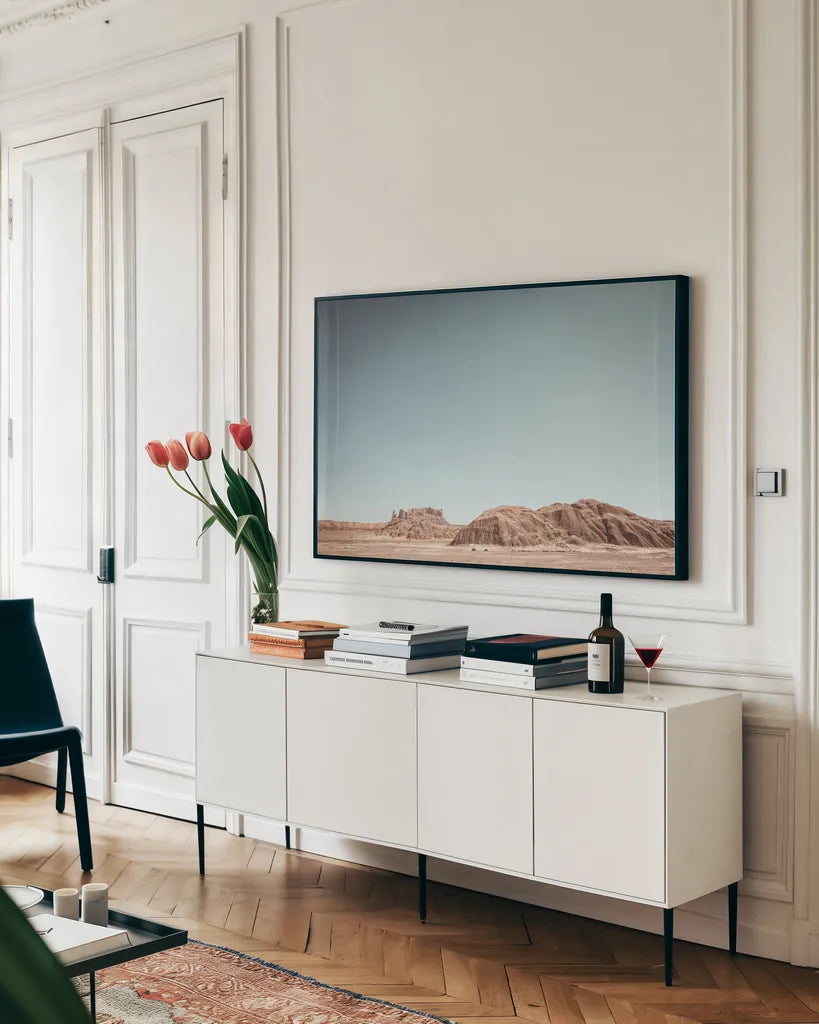 Homeland I by Nathan Larson. shown as a framed stretched canvas in a living room above a console. Available as a archival giclee rolled canvas, fine art paper, or poster print. SKU 86710i.