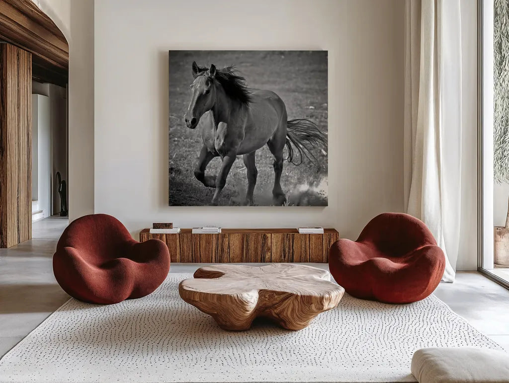Horse Runner by Nathan Larson. Shown as extra-large giant wall art in a modern living room. Available as an archival giclee rolled canvas, fine art paper, or poster print. SKU 76536a.