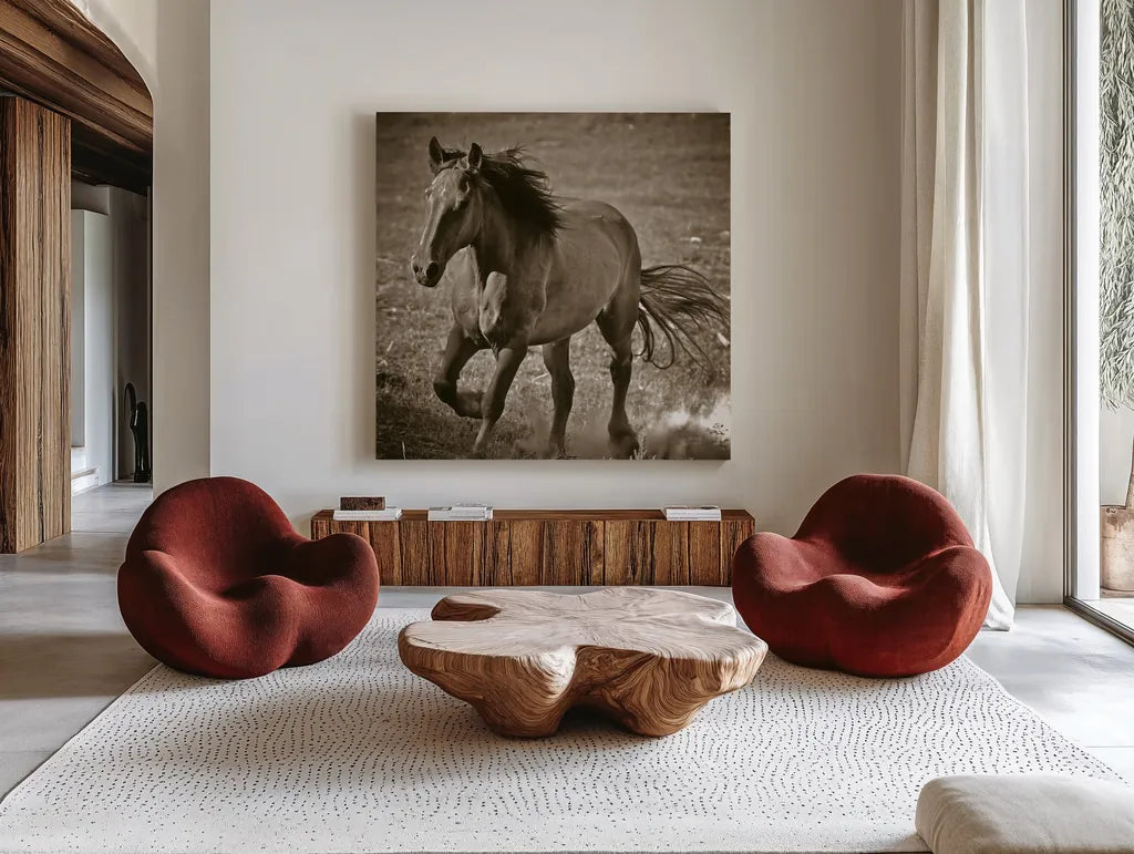 Horse Runner Sepia by Nathan Larson. Shown as extra-large giant wall art in a modern living room. Available as an archival giclee rolled canvas, fine art paper, or poster print. SKU 79221a.