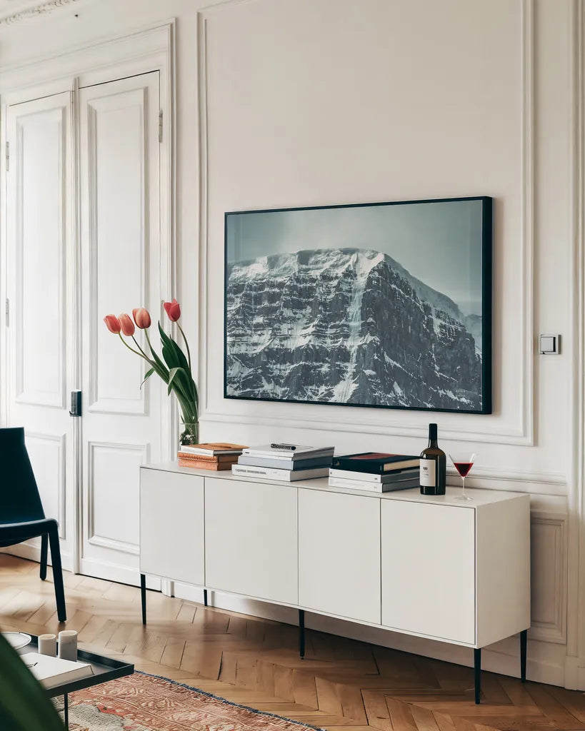 Jasper Mountain Series III by Nathan Larson. shown as a framed stretched canvas in a living room above a console. Available as a archival giclee rolled canvas, fine art paper, or poster print. SKU 93980i.