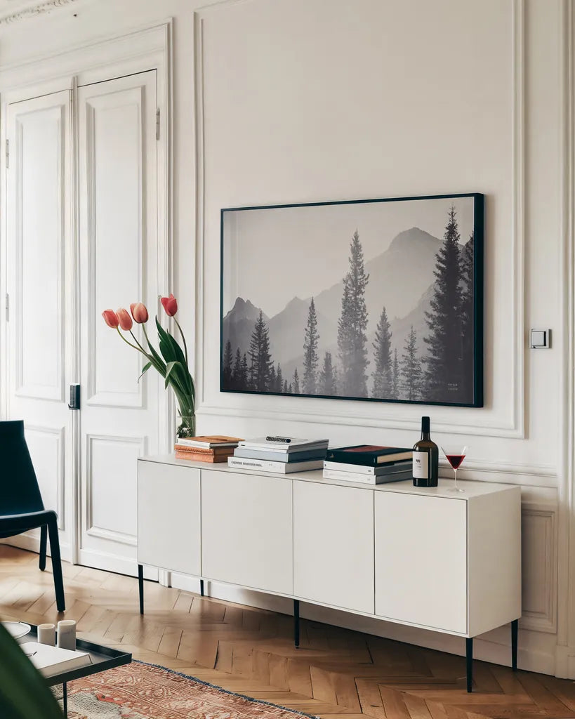 Kananaskis Country by Nathan Larson. shown as a framed stretched canvas in a living room above a console. Available as a archival giclee rolled canvas, fine art paper, or poster print. SKU 94836i.