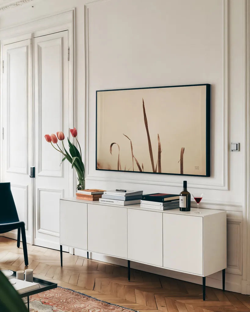 Lakeside Grasses II by Nathan Larson. shown as a framed stretched canvas in a living room above a console. Available as a archival giclee rolled canvas, fine art paper, or poster print. SKU 76209i.
