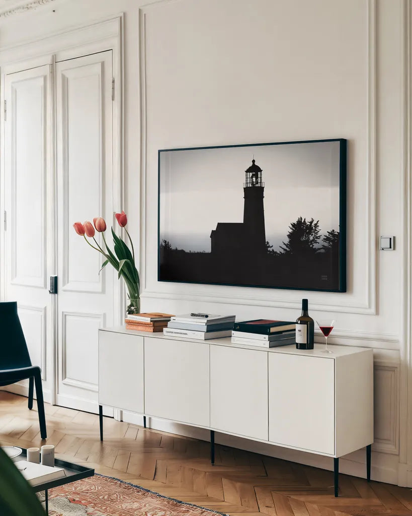 Lighthouse Forest by Nathan Larson. shown as a framed stretched canvas in a living room above a console. Available as a archival giclee rolled canvas, fine art paper, or poster print. SKU 90174i.