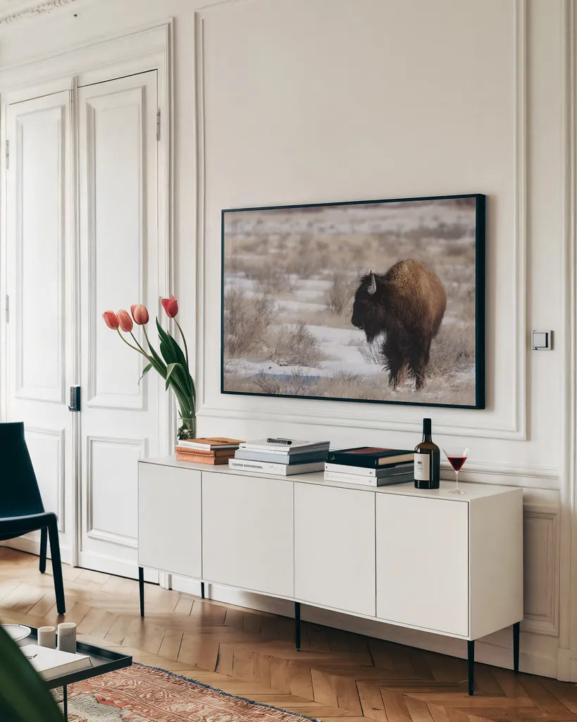 Lookout by Nathan Larson. shown as a framed stretched canvas in a living room above a console. Available as a archival giclee rolled canvas, fine art paper, or poster print. SKU 84325i.