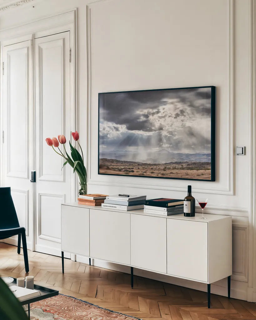 Mangas Valley by Nathan Larson. shown as a framed stretched canvas in a living room above a console. Available as a archival giclee rolled canvas, fine art paper, or poster print. SKU 102778i.