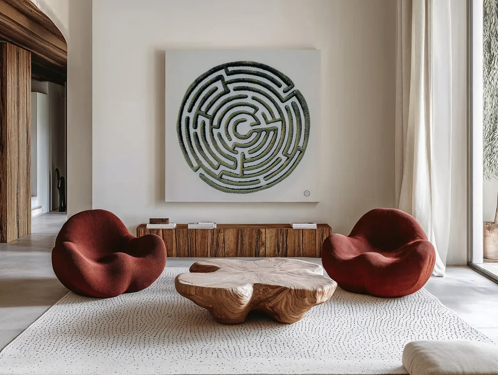 Maze by Nathan Larson. Shown as extra-large giant wall art in a modern living room. Available as an archival giclee rolled canvas, fine art paper, or poster print. SKU 72697a.