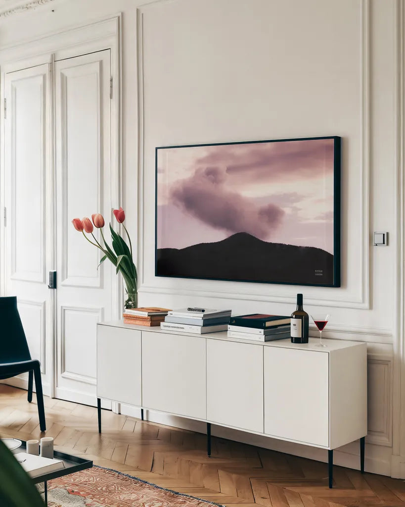 Mountain View by Nathan Larson. shown as a framed stretched canvas in a living room above a console. Available as a archival giclee rolled canvas, fine art paper, or poster print. SKU 79429i.