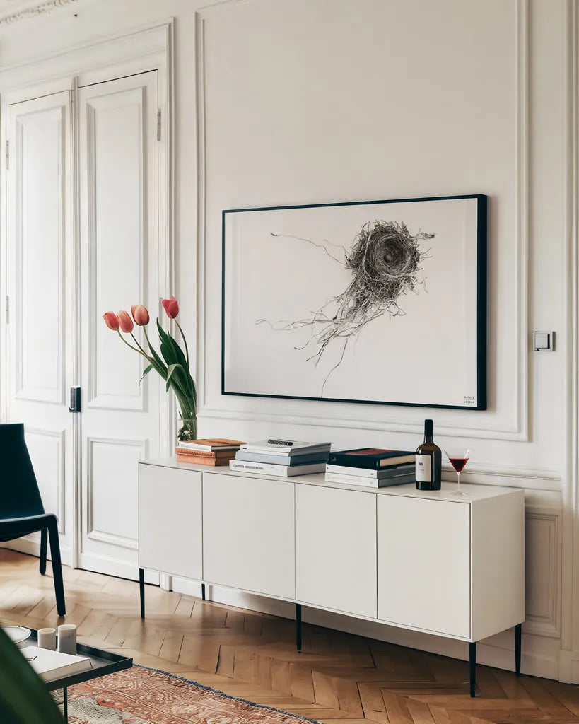 Nest Released by Nathan Larson. shown as a framed stretched canvas in a living room above a console. Available as a archival giclee rolled canvas, fine art paper, or poster print. SKU 99379i.