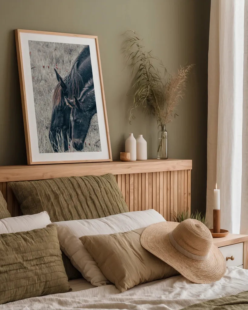 New Graze II by Nathan Larson. shown as a paper print in a natural frame. Available as a archival giclee rolled canvas, fine art paper, or poster print. SKU 98715h.