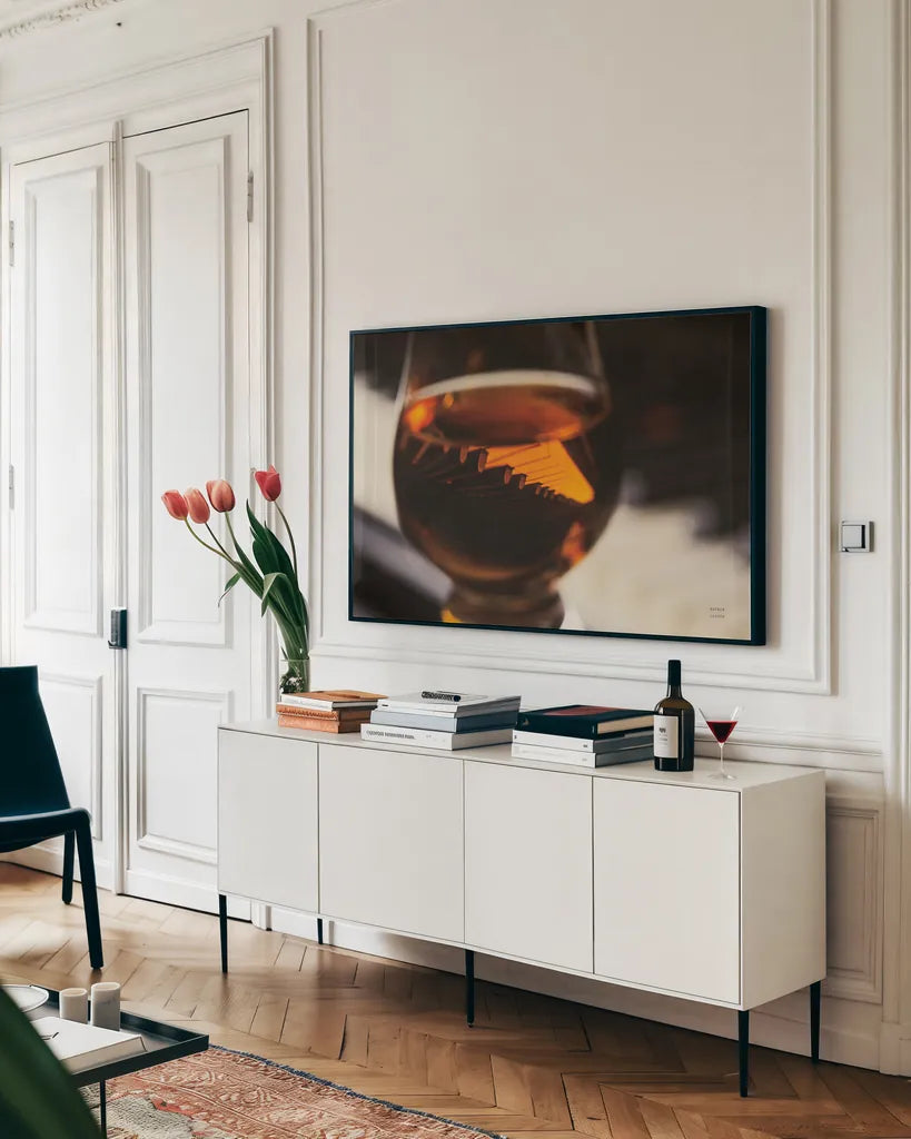 Night Vibes by Nathan Larson. shown as a framed stretched canvas in a living room above a console. Available as a archival giclee rolled canvas, fine art paper, or poster print. SKU 77340i.