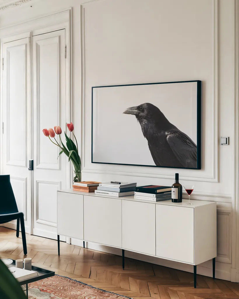 Organ Pipe Cactus Raven Portrait I by Nathan Larson. shown as a framed stretched canvas in a living room above a console. Available as a archival giclee rolled canvas, fine art paper, or poster print. SKU 91334i.