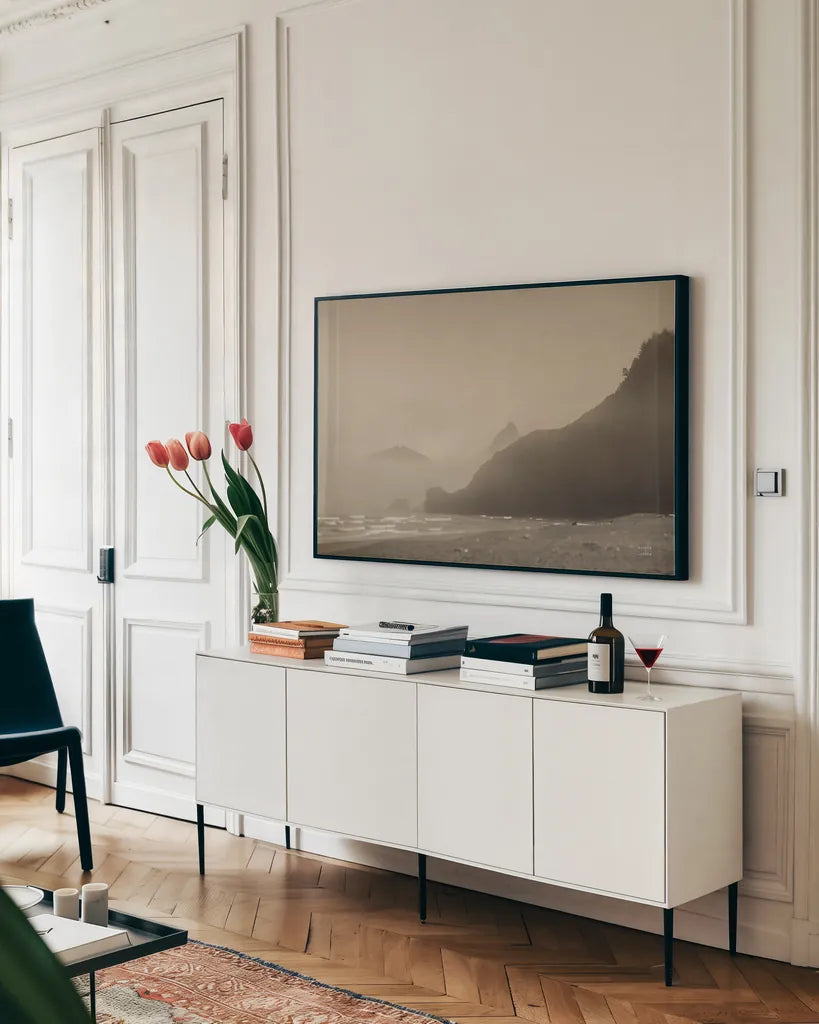 Pacific Ocean Lost by Nathan Larson. shown as a framed stretched canvas in a living room above a console. Available as a archival giclee rolled canvas, fine art paper, or poster print. SKU 92599i.