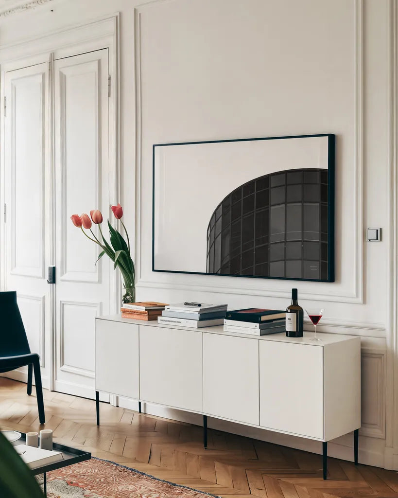 Philly View II by Nathan Larson. shown as a framed stretched canvas in a living room above a console. Available as a archival giclee rolled canvas, fine art paper, or poster print. SKU 88602i.