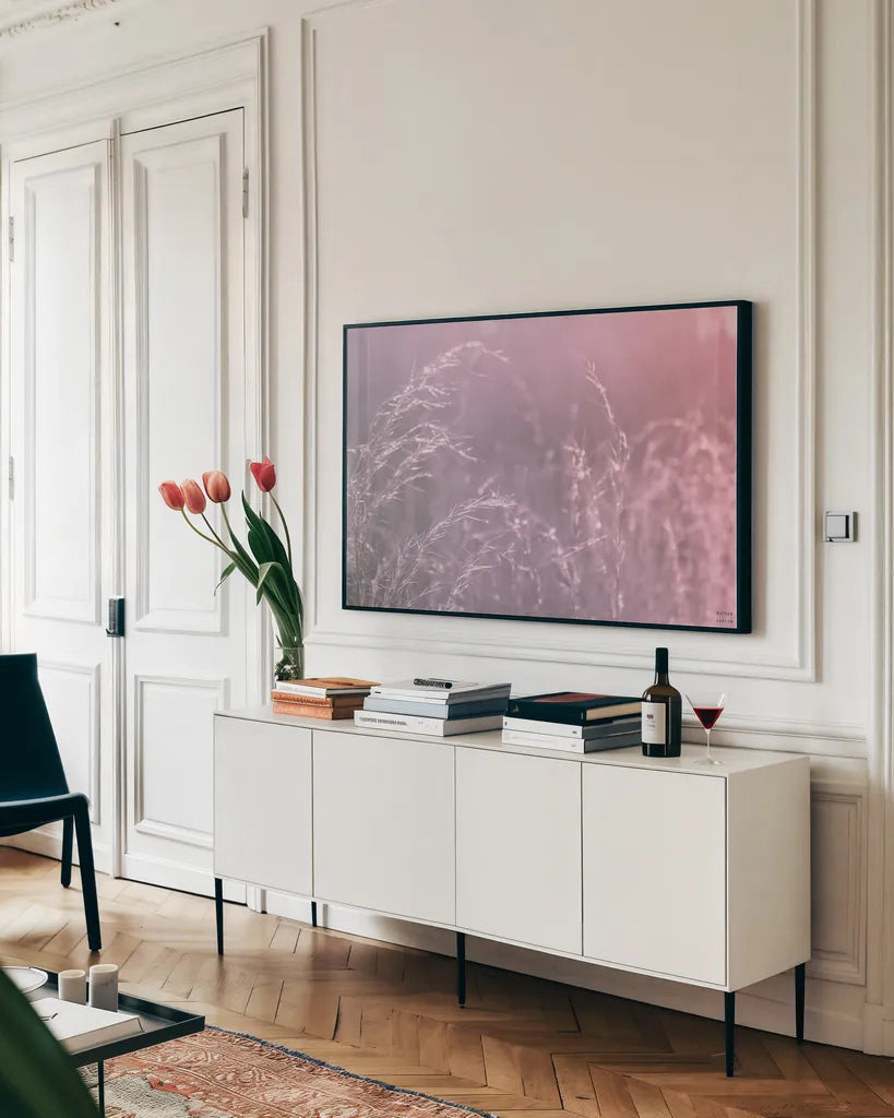 Pink Morning II by Nathan Larson. shown as a framed stretched canvas in a living room above a console. Available as a archival giclee rolled canvas, fine art paper, or poster print. SKU 98720i.