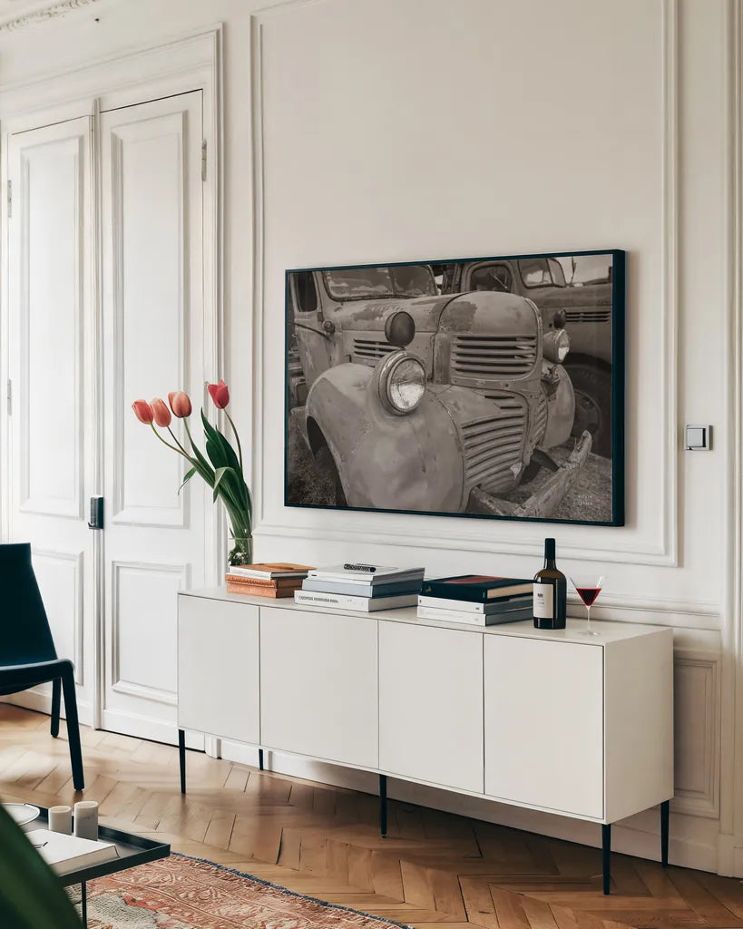 Rusted Glory II by Nathan Larson. shown as a framed stretched canvas in a living room above a console. Available as a archival giclee rolled canvas, fine art paper, or poster print. SKU 87725i.