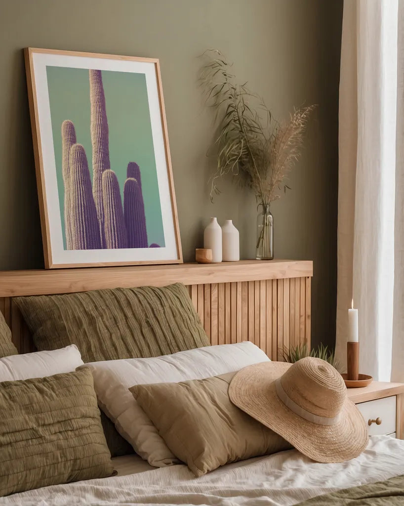 Saguaro Green Pastel by Nathan Larson. shown as a paper print in a natural frame. Available as a archival giclee rolled canvas, fine art paper, or poster print. SKU 97577h.