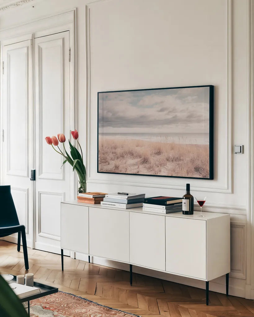 Soft Oceans by Nathan Larson. shown as a framed stretched canvas in a living room above a console. Available as a archival giclee rolled canvas, fine art paper, or poster print. SKU 71378i.