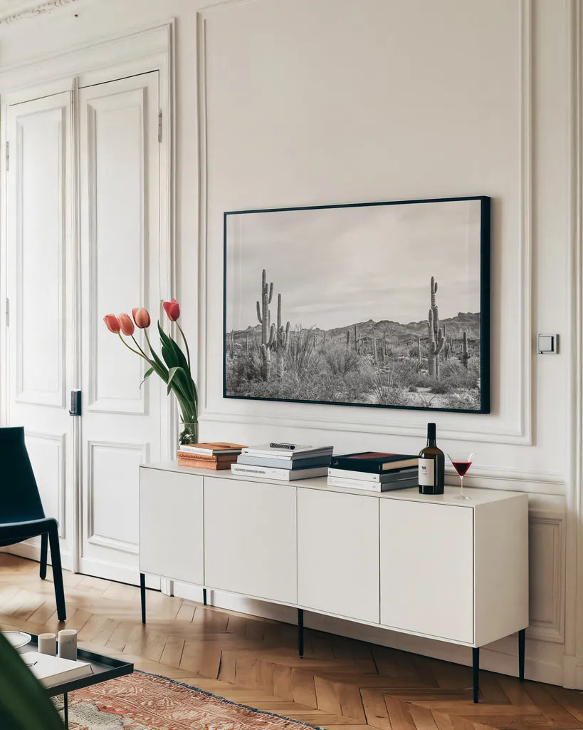 Sonoran Wonderland BW by Nathan Larson. shown as a framed stretched canvas in a living room above a console. Available as a archival giclee rolled canvas, fine art paper, or poster print. SKU 90440i.