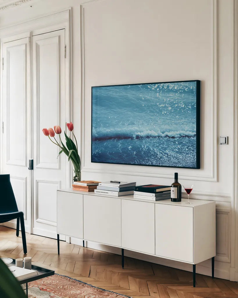 Sparkling Waters IV by Nathan Larson. shown as a framed stretched canvas in a living room above a console. Available as a archival giclee rolled canvas, fine art paper, or poster print. SKU 79433i.
