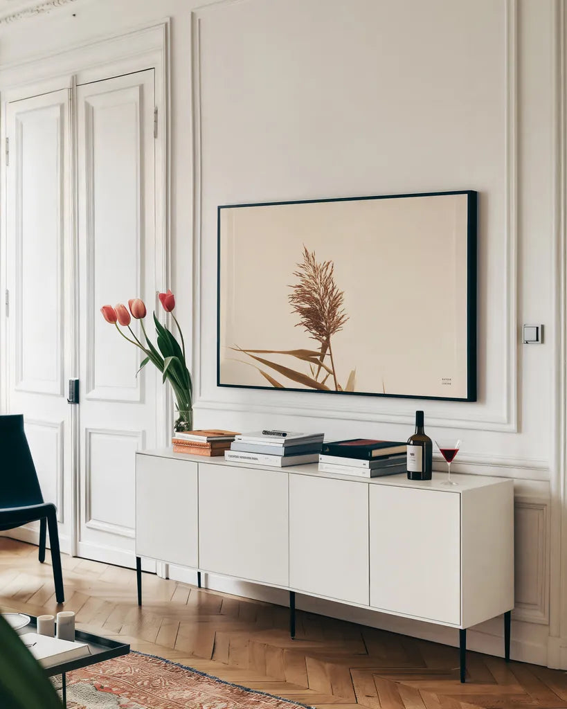 Summer Reeds I by Nathan Larson. shown as a framed stretched canvas in a living room above a console. Available as a archival giclee rolled canvas, fine art paper, or poster print. SKU 76204i.