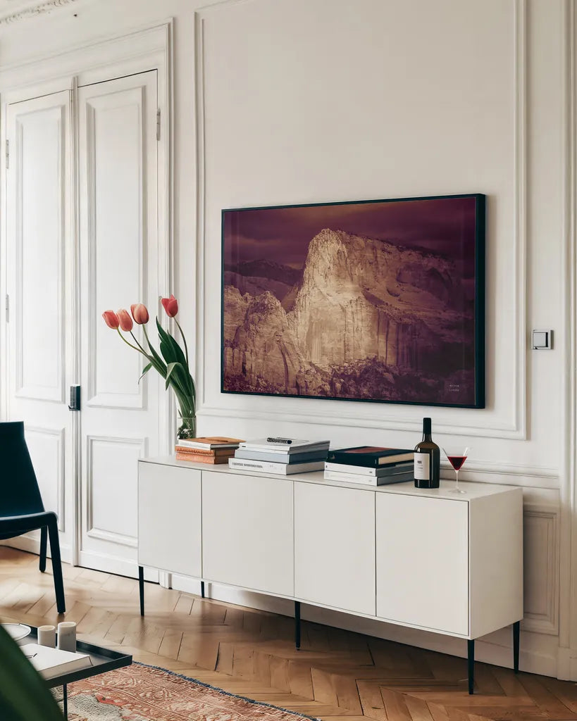 Sunset in Kolob by Nathan Larson. shown as a framed stretched canvas in a living room above a console. Available as a archival giclee rolled canvas, fine art paper, or poster print. SKU 95337i.