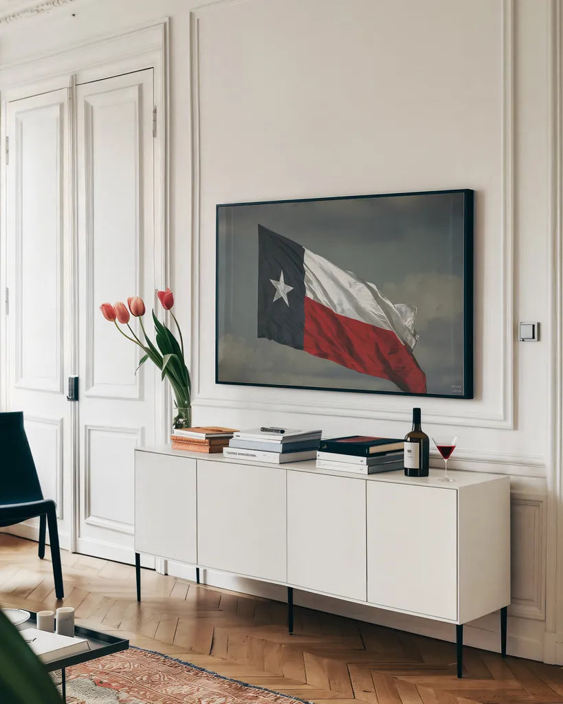 Texas Waves by Nathan Larson. shown as a framed stretched canvas in a living room above a console. Available as a archival giclee rolled canvas, fine art paper, or poster print. SKU 102779i.