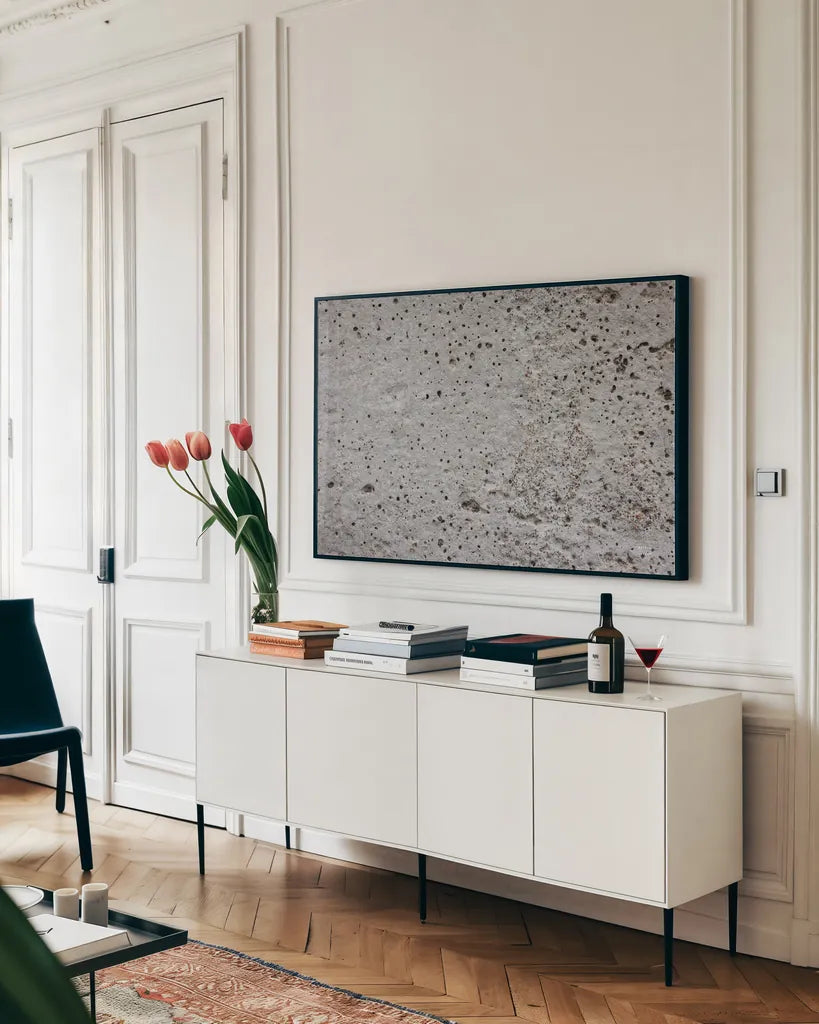 Textural X by Nathan Larson. shown as a framed stretched canvas in a living room above a console. Available as a archival giclee rolled canvas, fine art paper, or poster print. SKU 85850i.