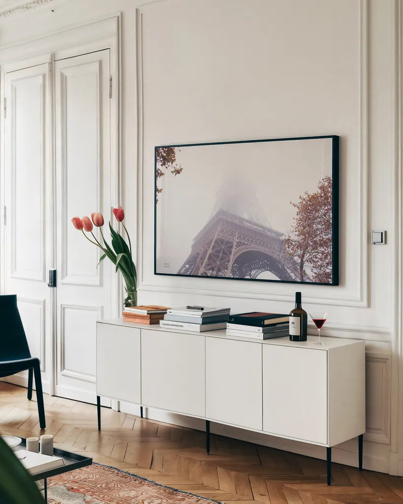 The Last Time I Saw Paris by Nathan Larson. shown as a framed stretched canvas in a living room above a console. Available as a archival giclee rolled canvas, fine art paper, or poster print. SKU 82298i.